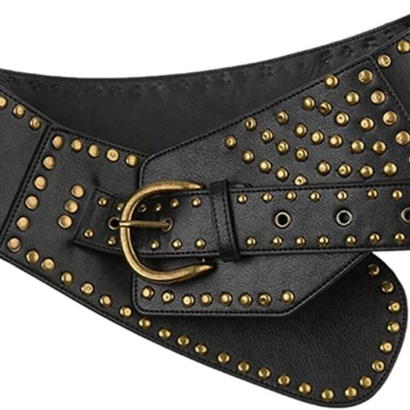 Black Wide Studded Leather Belt Waist Cinch Belt with Antique Gold Buckle - Picture 4 of 9